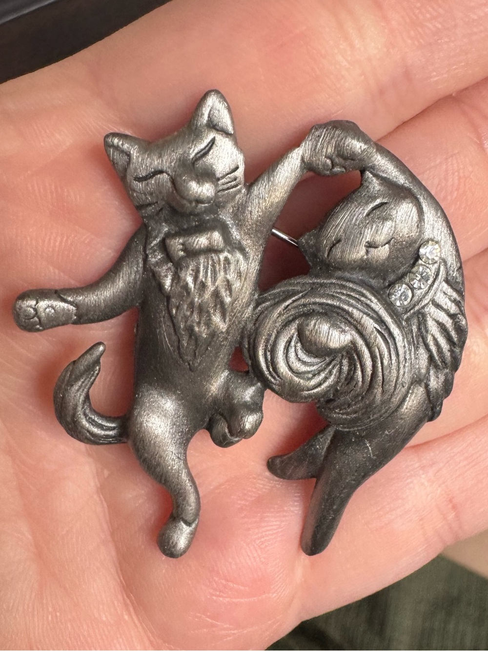 Vintage AJC Dancing Cats Rhinestone Pewter Tone Brooch Playful Figural Kitsch
